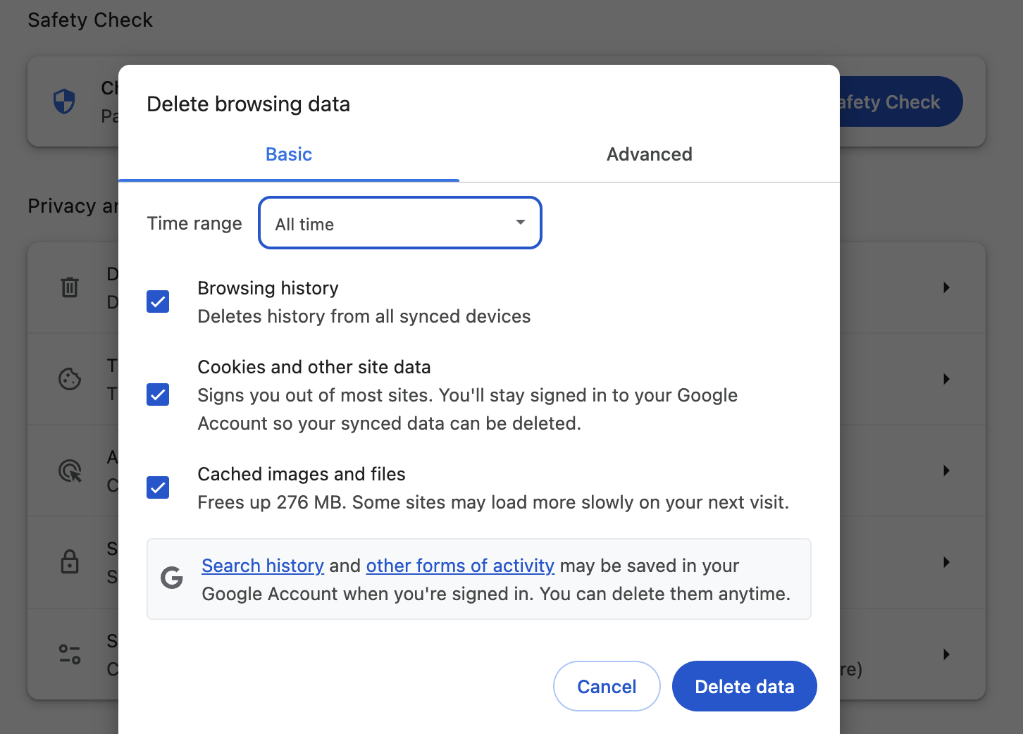 Smodin’s screenshot of Chrome’s settings to clear cache. 